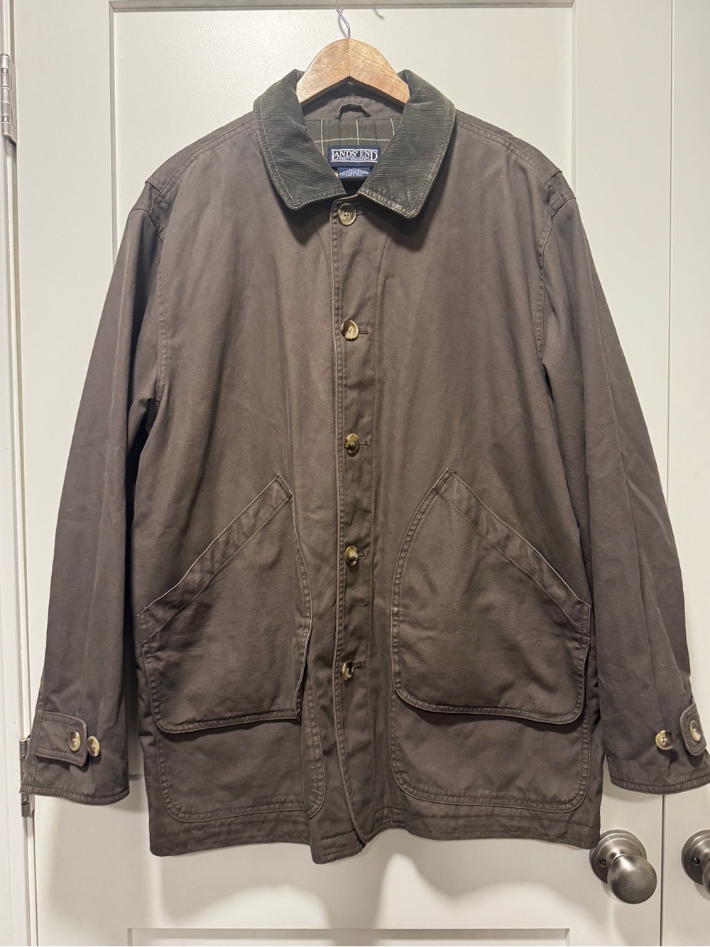 Lands' End Field Coat Mens XL Brown Canvas Green Corduroy Barn Chore Jacket Vtg